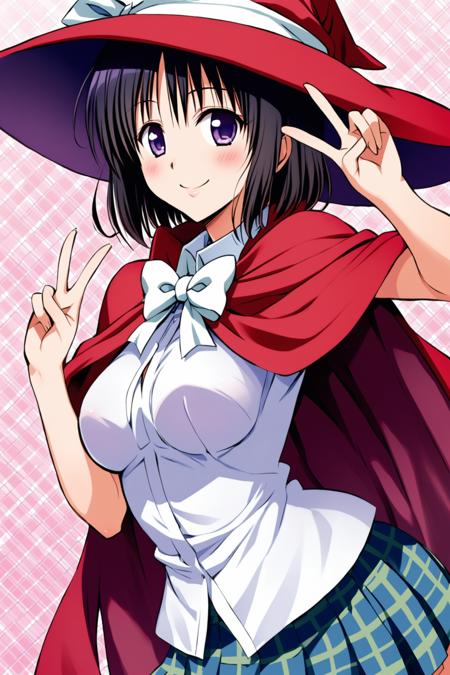 32351-3183453801-Kirizaki Kyoko,1girl,solo,red hat,black hair,skirt,blue skirt,purple eyes,witch hat,red cape,smile,looking at viewer,short hair,.png